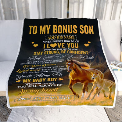 Personalized To My Bonus Son Gifts From Stepmother Stepdad Blanket Horse Never Forget How Much I Love You Stepson Birthday Graduation Christmas Fleece Blanket | teecentury