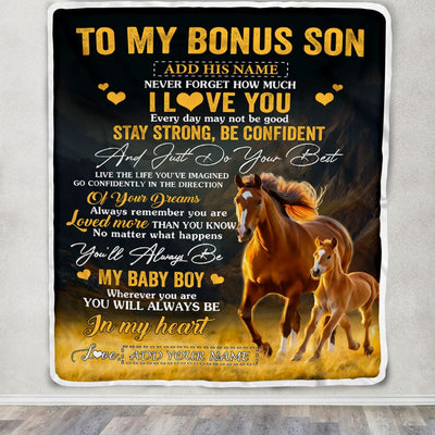 Personalized To My Bonus Son Gifts From Stepmother Stepdad Blanket Horse Never Forget How Much I Love You Stepson Birthday Graduation Christmas Fleece Blanket | teecentury