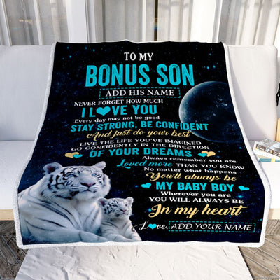 Personalized To My Bonus Son Gifts From Stepmother Stepdad Blanket White Tiger Never Forget How Much I Love You Stepson Birthday Christmas Fleece Blanket | teecentury