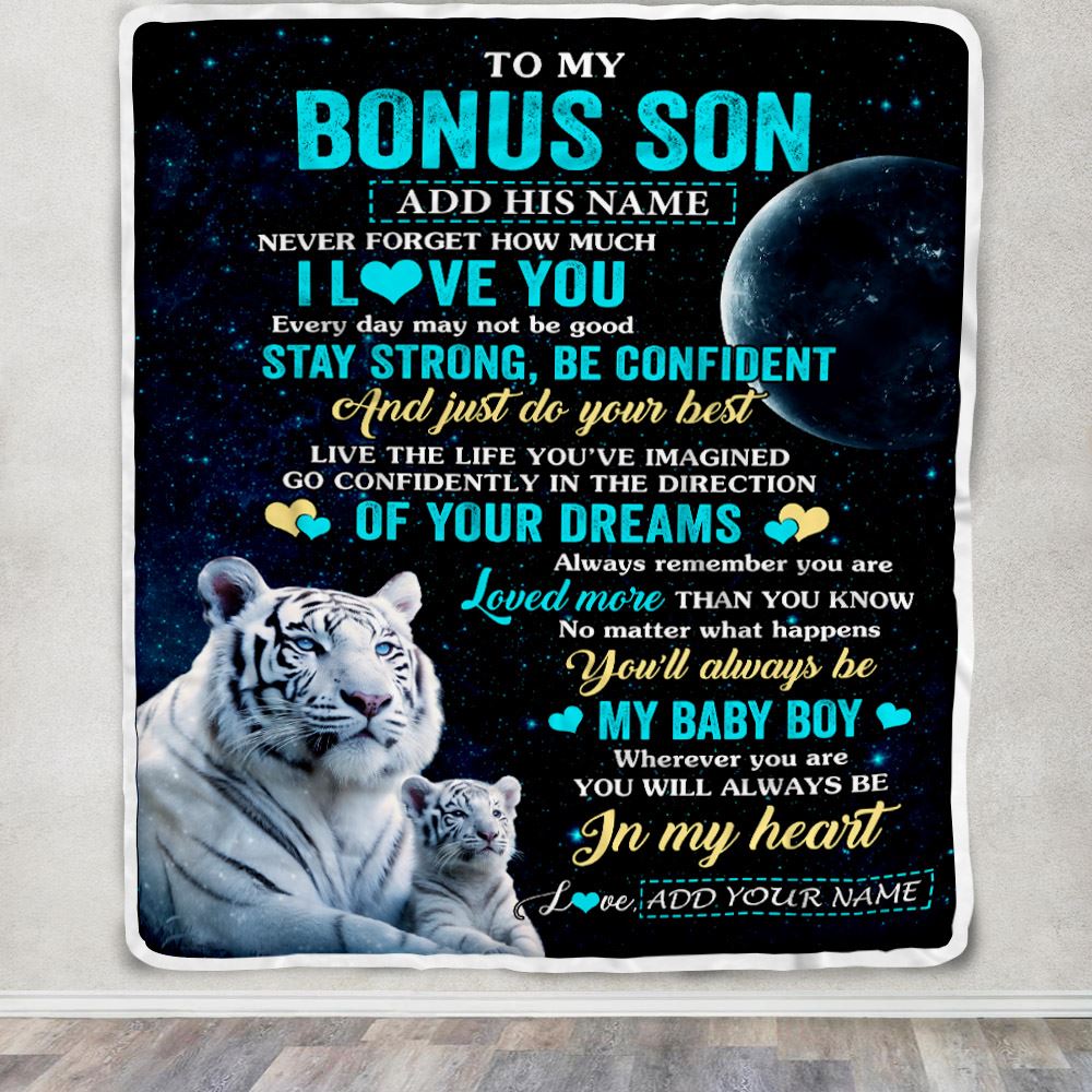 Personalized To My Bonus Son Gifts From Stepmother Stepdad Blanket White Tiger Never Forget How Much I Love You Stepson Birthday Christmas Fleece Blanket | teecentury