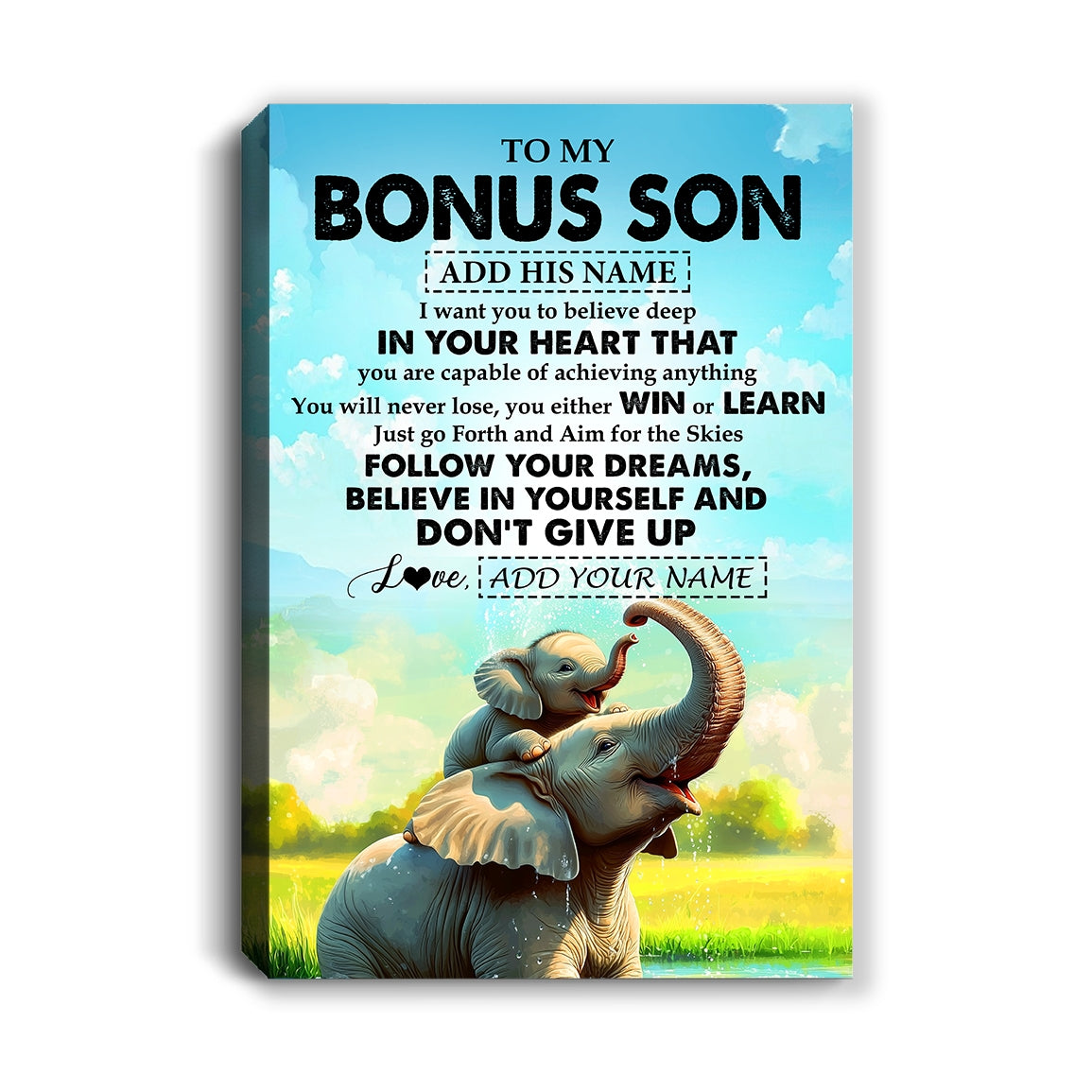 Personalized To My Bonus Son Gifts From Stepmother Stepdad Canvas Don't Give Up Elephant Gifts For Stepson Birthday Gifts Graduation Christmas Custom Art Framed Canvas | teecentury