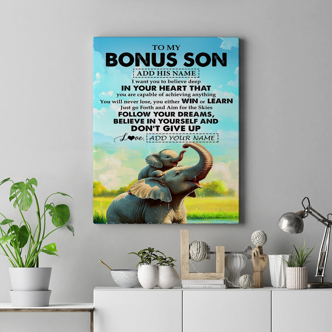 Personalized To My Bonus Son Gifts From Stepmother Stepdad Canvas Don't Give Up Elephant Gifts For Stepson Birthday Gifts Graduation Christmas Custom Art Framed Canvas | teecentury