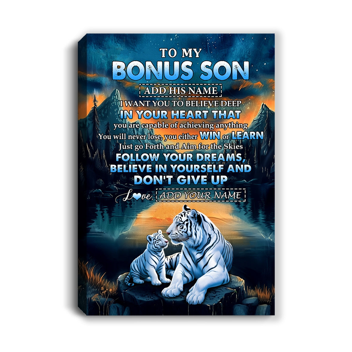 Personalized To My Bonus Son Gifts From Stepmother Stepdad Canvas Don't Give Up White Tiger Gifts For Stepson Birthday Graduation Christmas Custom Wall Art Framed Canvas | teecentury
