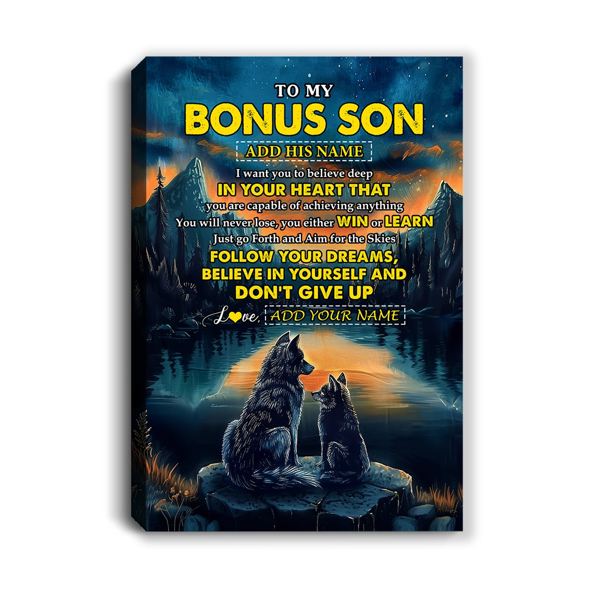 Personalized To My Bonus Son Gifts From Stepmother Stepdad Canvas Don't Give Up Wolf Gifts For Stepson Birthday Graduation Christmas Custom Wall Art Print Framed Canvas | teecentury