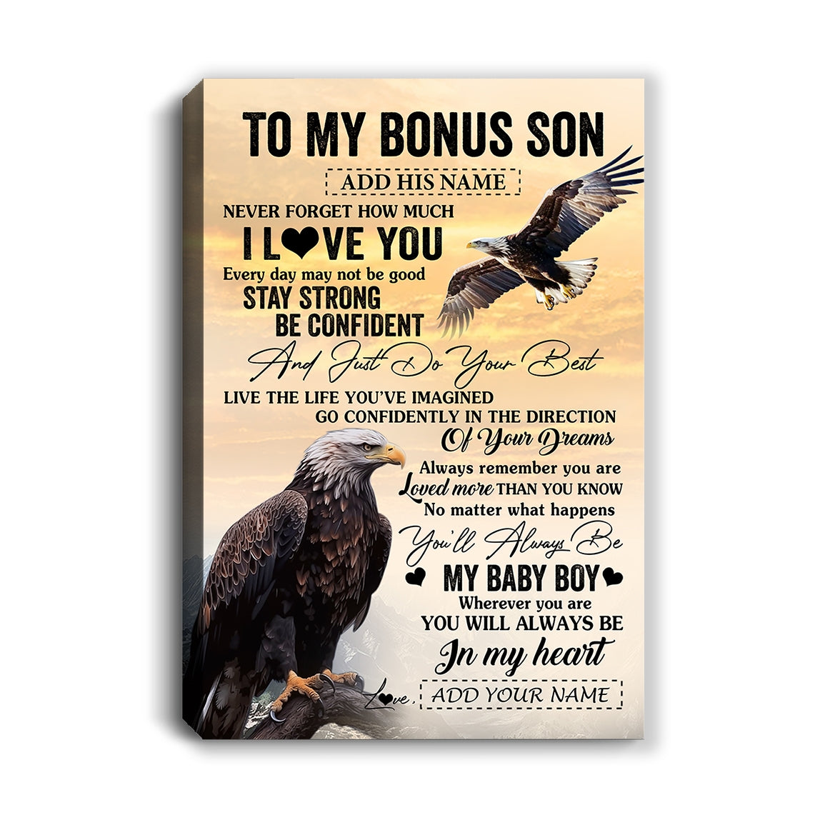 Personalized To My Bonus Son Gifts From Stepmother Stepdad Canvas Eagle Never Forget How Much I Love You Stepson Birthday Graduation Christmas Custom Art Framed Canvas | teecentury