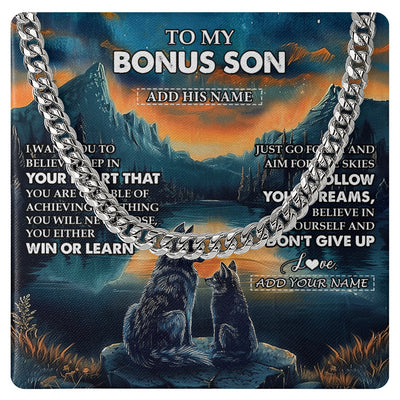 Cuban Link Chain Necklace Stainless Steel | 1 | Personalized To My Bonus Son Gifts From Stepmother Stepdad Necklace Don't Give Up Wolf Gifts For Stepson Birthday Graduation Christmas Gift Box Message Card | teecentury