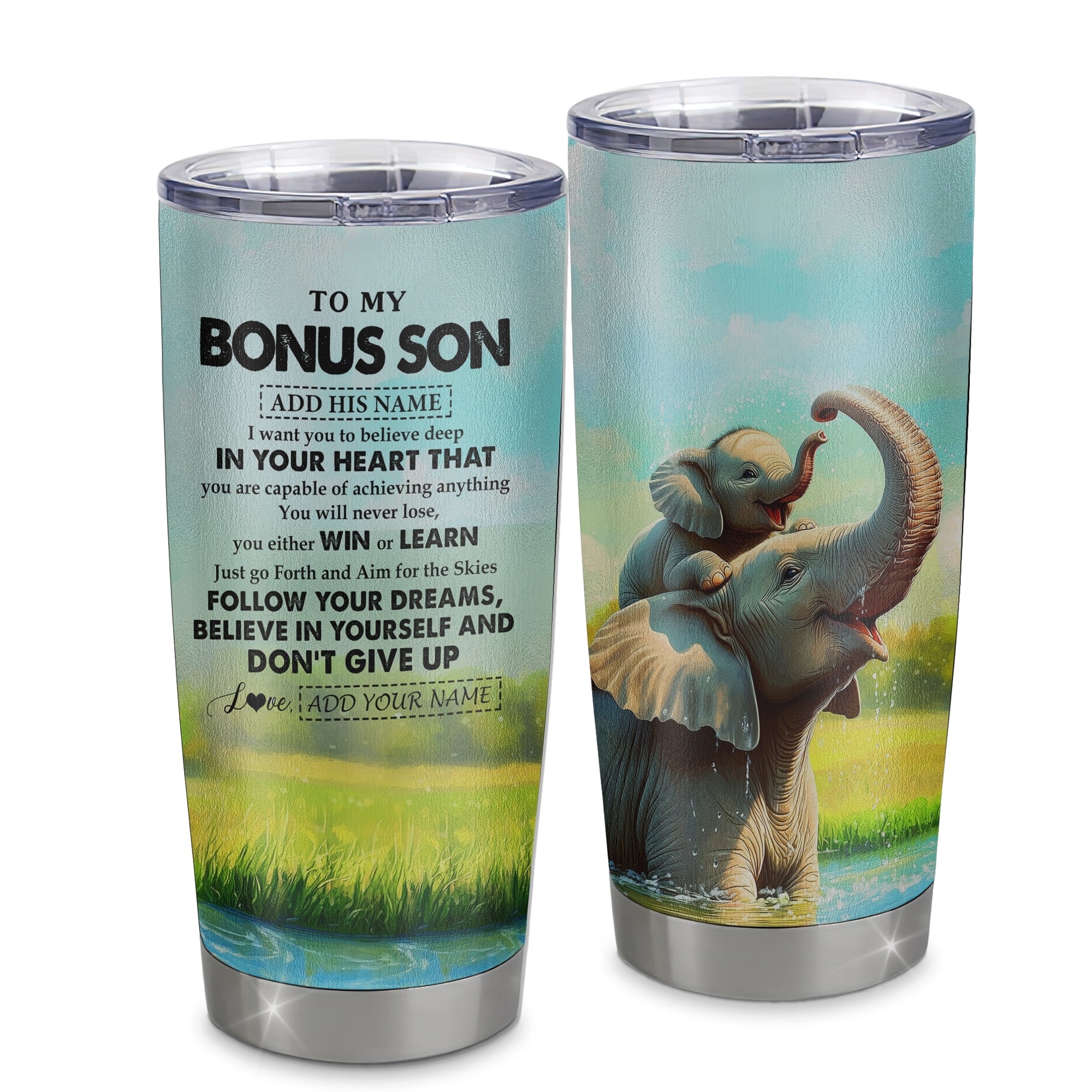 Personalized To My Bonus Son Gifts From Stepmother Stepdad Tumbler Don't Give Up Elephant Gifts For Stepson Birthday Graduation Christmas Custom Stainless Steel Mug | teecentury