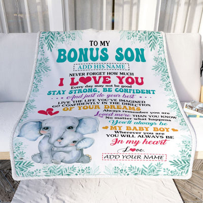 Personalized To My Bonus Son Gifts From Stepmother Stepmom Blanket Elephant Never Forget How Much I Love You Stepson Birthday Gifts Christmas Fleece Blanket | teecentury