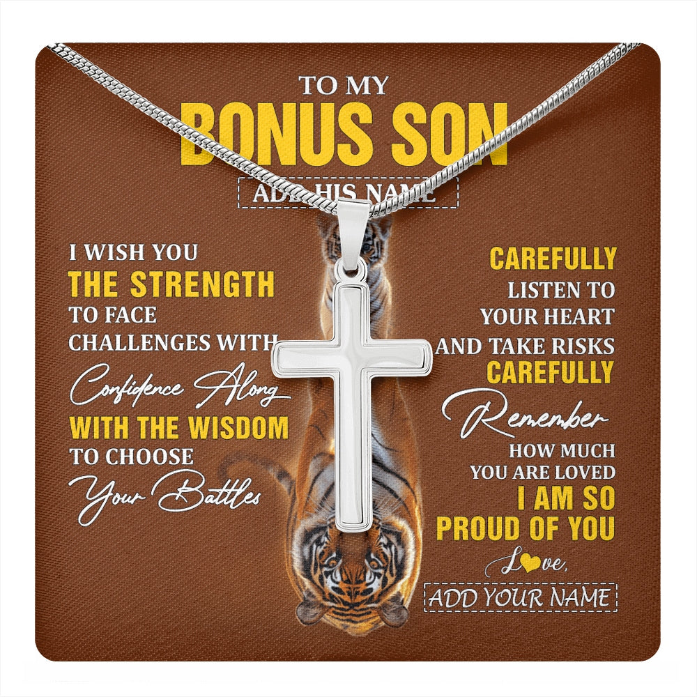 Stainless Cross Necklace Stainless Steel | 1 | Personalized To My Bonus Son Gifts Necklace From Godmother Godfather I Wish You The Strength Tiger Bonus Son Birthday Gifts Christmas Gift Box Message Card | https://teecentury.