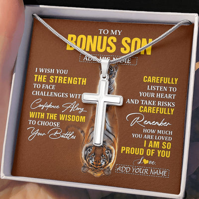 Stainless Cross Necklace Stainless Steel | 2 | Personalized To My Bonus Son Gifts Necklace From Godmother Godfather I Wish You The Strength Tiger Bonus Son Birthday Gifts Christmas Gift Box Message Card | https://teecentury.
