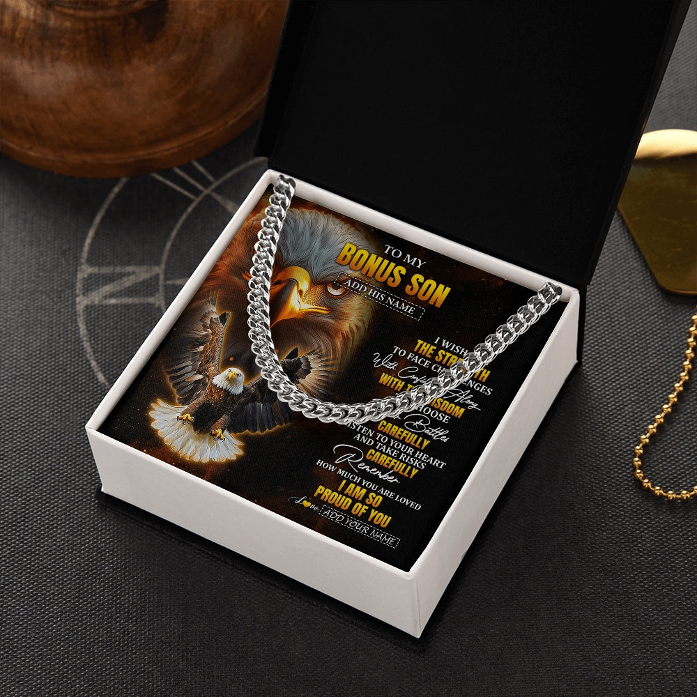 Cuban Link Chain Necklace Stainless Steel | 2 | Personalized To My Bonus Son Gifts Necklace From Stepdad I Wish You The Strength Eagle Stepson Birthday Gifts Christmas Graduation Custom Gift Box Message Card | https://teecentury.