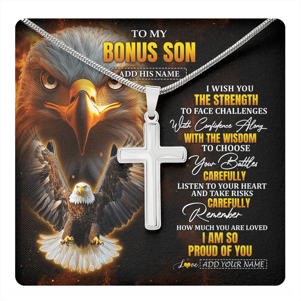 Stainless Cross Necklace Stainless Steel | 1 | Personalized To My Bonus Son Gifts Necklace From Stepdad I Wish You The Strength Eagle Stepson Birthday Gifts Christmas Graduation Custom Gift Box Message Card | https://teecentury.