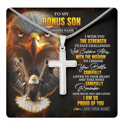 Stainless Cross Necklace Stainless Steel | 1 | Personalized To My Bonus Son Gifts Necklace From Stepdad I Wish You The Strength Eagle Stepson Birthday Gifts Christmas Graduation Custom Gift Box Message Card | https://teecentury.