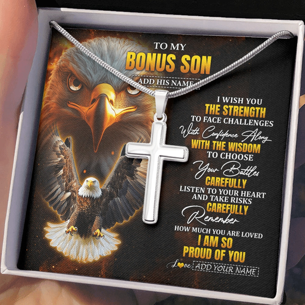 Stainless Cross Necklace Stainless Steel | 2 | Personalized To My Bonus Son Gifts Necklace From Stepdad I Wish You The Strength Eagle Stepson Birthday Gifts Christmas Graduation Custom Gift Box Message Card | https://teecentury.