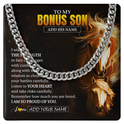 Cuban Link Chain Necklace Stainless Steel | 1 | Personalized To My Bonus Son Gifts Necklace From Stepdad I Wish You The Strength Horse Stepson Birthday Gifts Christmas Graduation Gift Box Message Card | https://teecentury.