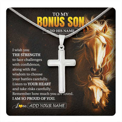Stainless Cross Necklace Stainless Steel | 1 | Personalized To My Bonus Son Gifts Necklace From Stepdad I Wish You The Strength Horse Stepson Birthday Gifts Christmas Graduation Gift Box Message Card | https://teecentury.