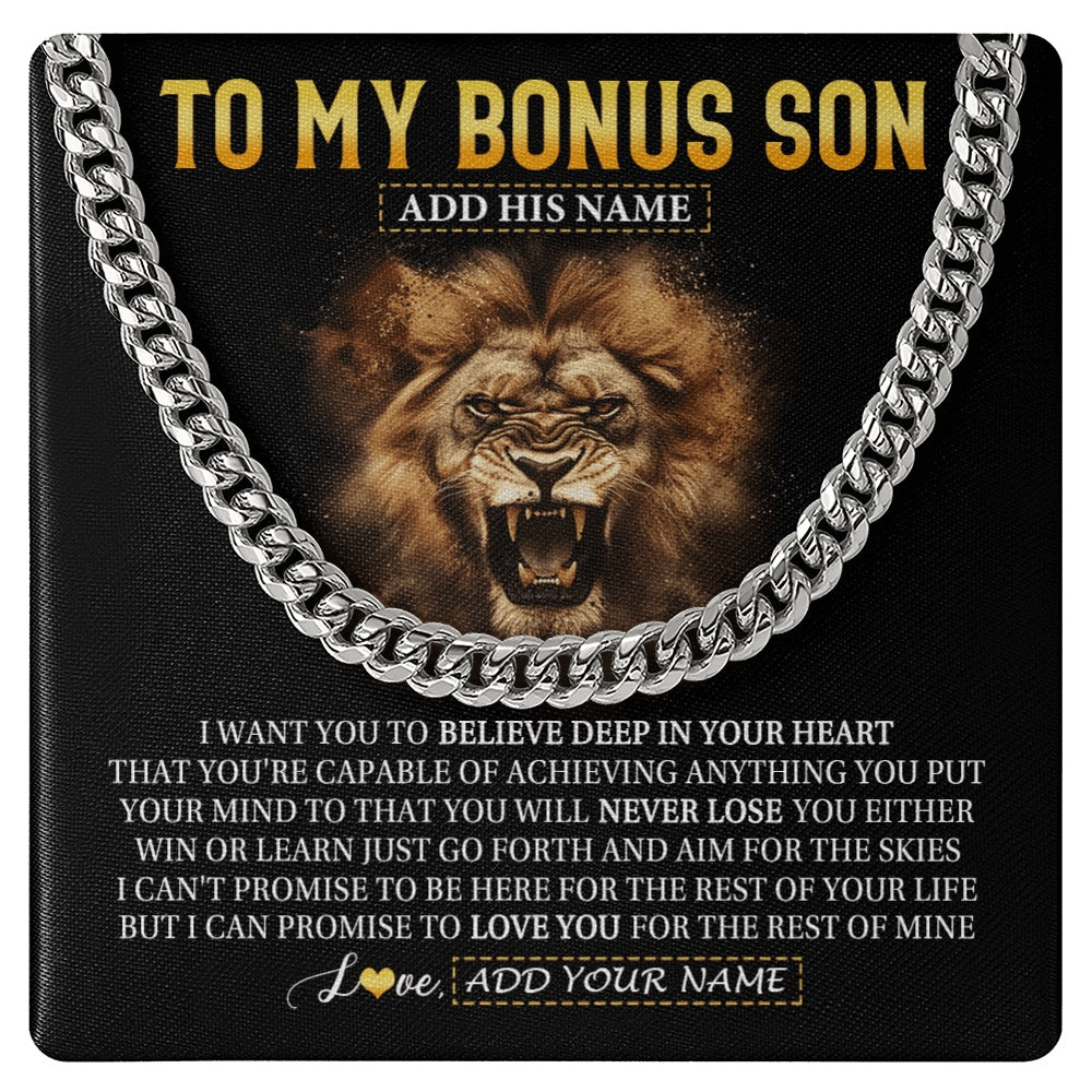 Cuban Link Chain Necklace Stainless Steel | 1 | Personalized To My Bonus Son Gifts Necklace From Stepdad Stepmom Believe In Your Heart Lion Stepson Birthday Gifts Graduation Christmas Gift Box Message Card | https://teecentury.