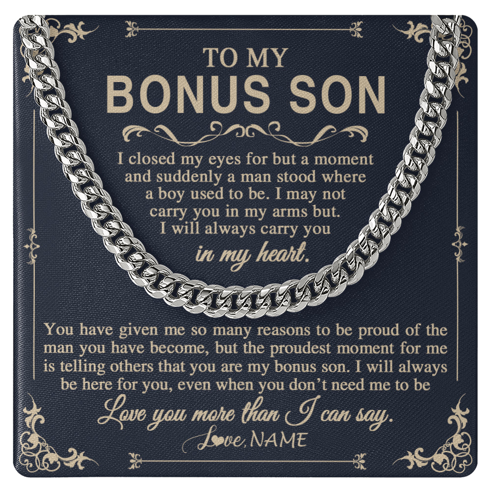 Cuban Link Chain Necklace Stainless Steel | 1 | Personalized To My Bonus Son Gifts Necklace From Stepdad Stepmom I Closed My Eyes Gift For Stepson Birthday Jewelry For Men Christmas Gift Box Message Card | teecentury