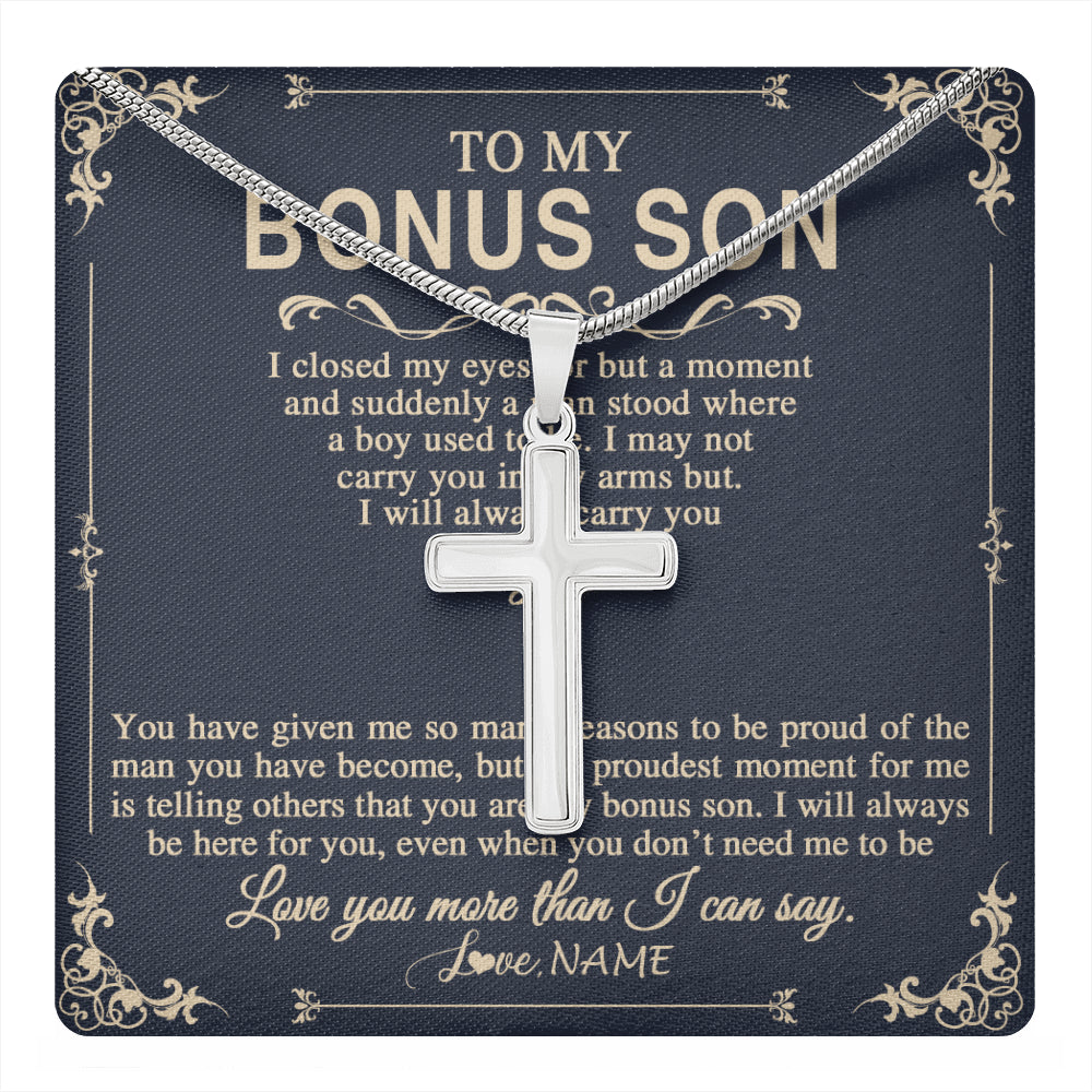 Stainless Cross Necklace Stainless Steel | 1 | Personalized To My Bonus Son Gifts Necklace From Stepdad Stepmom I Closed My Eyes Gift For Stepson Birthday Jewelry For Men Christmas Gift Box Message Card | teecentury