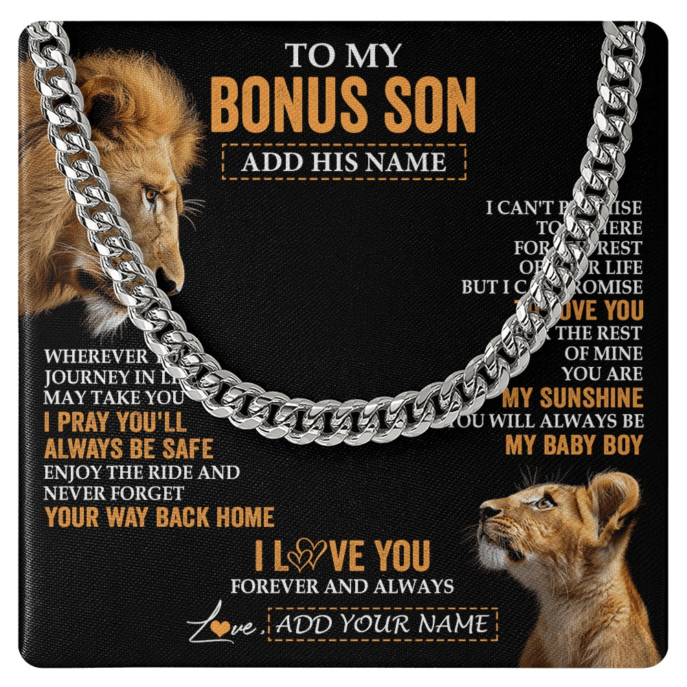 Cuban Link Chain Necklace Stainless Steel | 1 | Personalized To My Bonus Son Gifts Necklace From Stepdad Wherever Your Journey In Life Lion StepSon Birthday Gifts Christmas Custom Gift Box Message Card | https://teecentury.