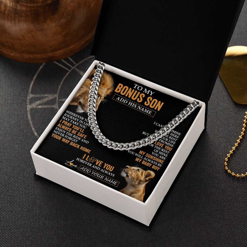 Cuban Link Chain Necklace Stainless Steel | 2 | Personalized To My Bonus Son Gifts Necklace From Stepdad Wherever Your Journey In Life Lion StepSon Birthday Gifts Christmas Custom Gift Box Message Card | https://teecentury.