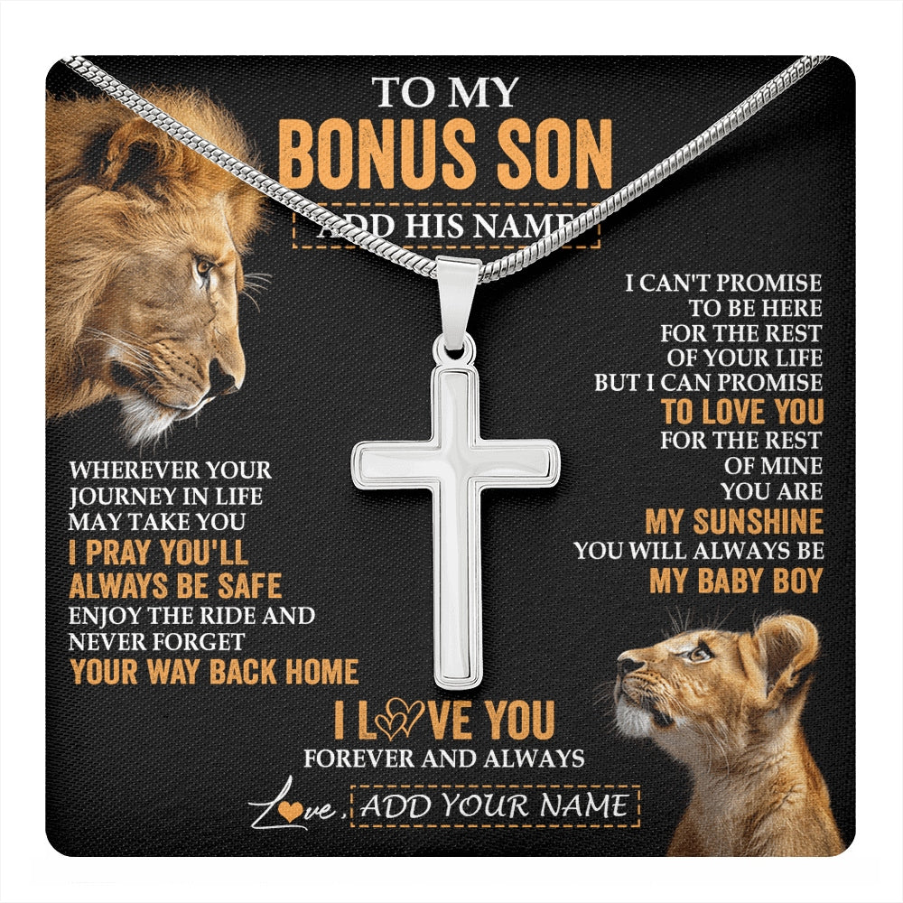 Stainless Cross Necklace Stainless Steel | 1 | Personalized To My Bonus Son Gifts Necklace From Stepdad Wherever Your Journey In Life Lion StepSon Birthday Gifts Christmas Custom Gift Box Message Card | https://teecentury.