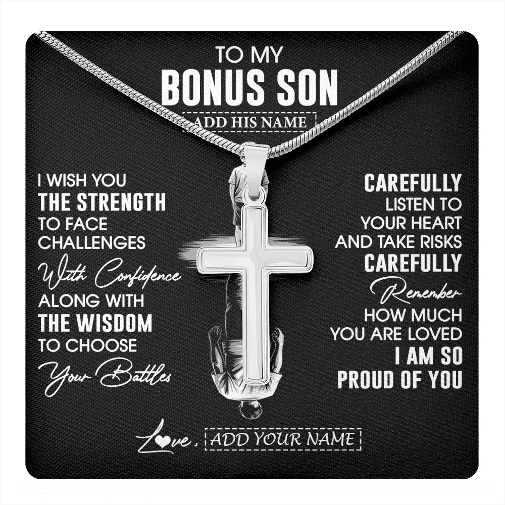 Stainless Cross Necklace Stainless Steel | 1 | Personalized To My Bonus Son Gifts Necklace From Stepmom I Wish You The Strength Stepson Birthday Gifts Christmas Graduation Custom Gift Box Message Card | https://teecentury.