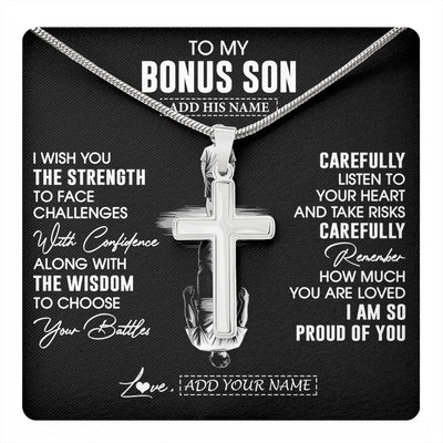Stainless Cross Necklace Stainless Steel | 1 | Personalized To My Bonus Son Gifts Necklace From Stepmom I Wish You The Strength Stepson Birthday Gifts Christmas Graduation Custom Gift Box Message Card | https://teecentury.