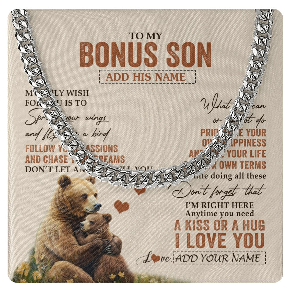 Cuban Link Chain Necklace Stainless Steel | 1 | Personalized To My Bonus Son Gifts Necklace From Stepmom Stepdad Bear My Only Wish For You Stepson Birthday Gifts Graduation Christmas Gift Box Message Card | teecentury.myshopify