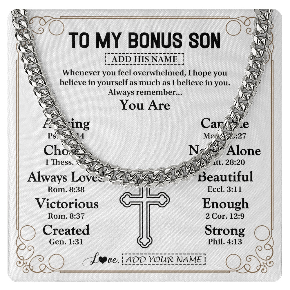 Cuban Link Chain Necklace Stainless Steel | 1 | Personalized To My Bonus Son Gifts Necklace From Stepmom Stepdad Christ Christian Gifts For Stepson Birthday Christmas Graduation Custom Gift Box Message Card | https://teecentury.