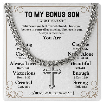 Cuban Link Chain Necklace Stainless Steel | 1 | Personalized To My Bonus Son Gifts Necklace From Stepmom Stepdad Christ Christian Gifts For Stepson Birthday Christmas Graduation Custom Gift Box Message Card | https://teecentury.