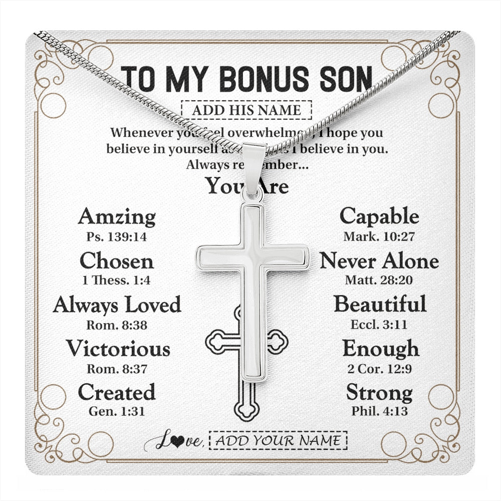 Stainless Cross Necklace Stainless Steel | 1 | Personalized To My Bonus Son Gifts Necklace From Stepmom Stepdad Christ Christian Gifts For Stepson Birthday Christmas Graduation Custom Gift Box Message Card | https://teecentury.