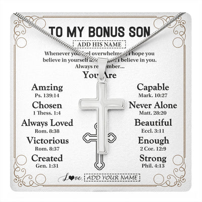 Stainless Cross Necklace Stainless Steel | 1 | Personalized To My Bonus Son Gifts Necklace From Stepmom Stepdad Christ Christian Gifts For Stepson Birthday Christmas Graduation Custom Gift Box Message Card | https://teecentury.