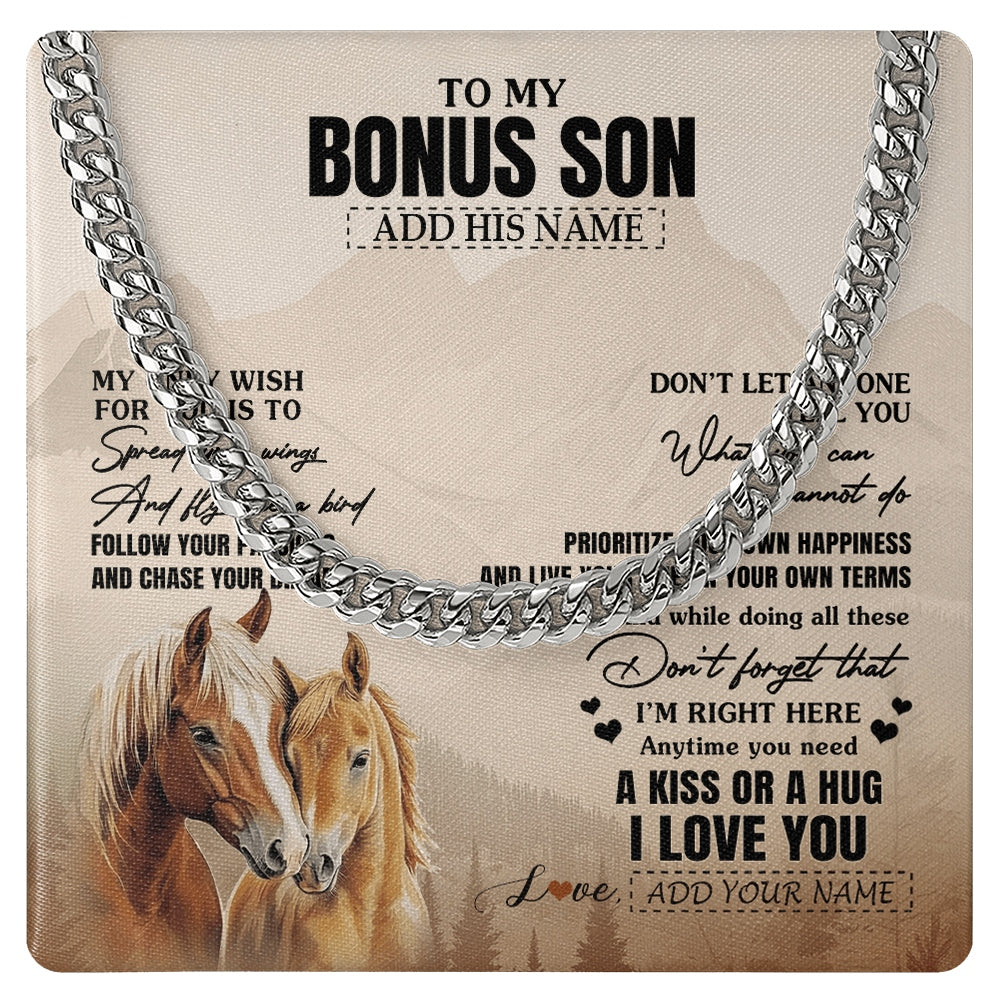 Cuban Link Chain Necklace Stainless Steel | 1 | Personalized To My Bonus Son Gifts Necklace From Stepmom Stepdad Horse My Only Wish For You Stepson Birthday Gifts Graduation Christmas Gift Box Message Card | https://teecentury.