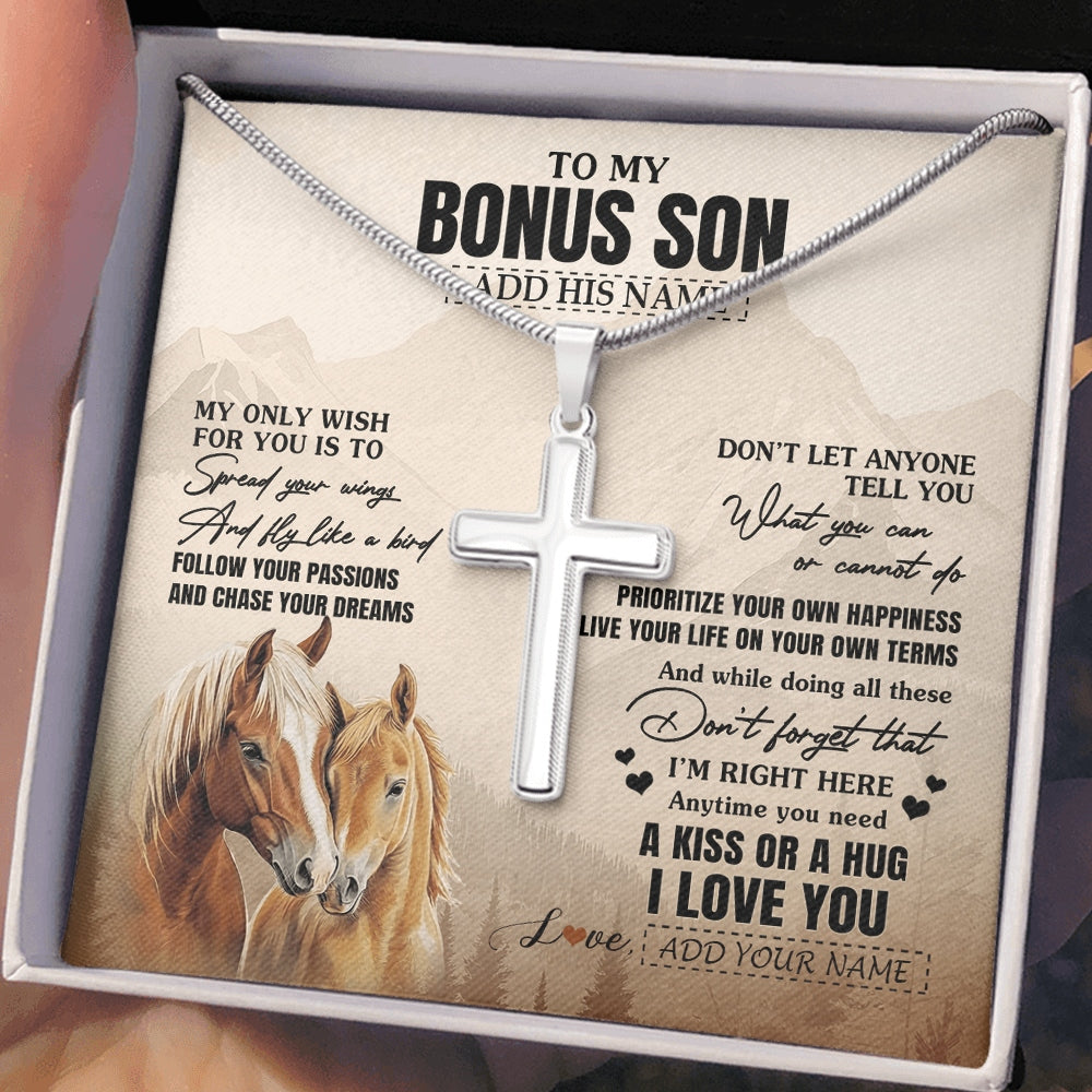 Stainless Cross Necklace Stainless Steel | 2 | Personalized To My Bonus Son Gifts Necklace From Stepmom Stepdad Horse My Only Wish For You Stepson Birthday Gifts Graduation Christmas Gift Box Message Card | https://teecentury.