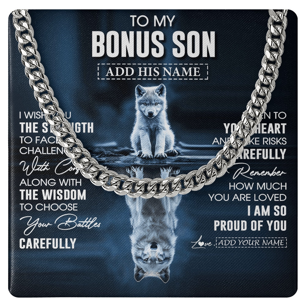Cuban Link Chain Necklace Stainless Steel | 1 | Personalized To My Bonus Son Gifts Necklace From Stepmom Stepdad I Wish You The Strength Wolf Stepson Birthday Gifts Christmas Graduation Gift Box Message Card | https://teecentury.