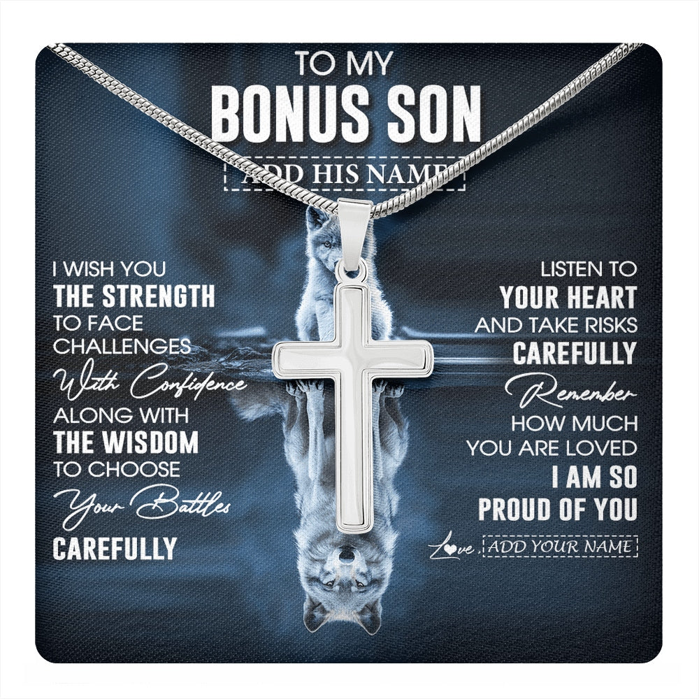 Stainless Cross Necklace Stainless Steel | 1 | Personalized To My Bonus Son Gifts Necklace From Stepmom Stepdad I Wish You The Strength Wolf Stepson Birthday Gifts Christmas Graduation Gift Box Message Card | https://teecentury.