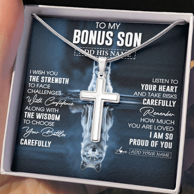 Stainless Cross Necklace Stainless Steel | 2 | Personalized To My Bonus Son Gifts Necklace From Stepmom Stepdad I Wish You The Strength Wolf Stepson Birthday Gifts Christmas Graduation Gift Box Message Card | https://teecentury.