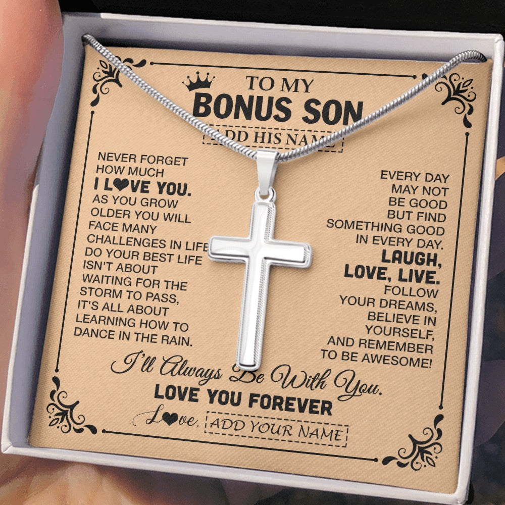 Stainless Cross Necklace Stainless Steel | 2 | Personalized To My Bonus Son Gifts Necklace From Stepmom Stepdad Never Forget How Much I Love You Stepson Birthday Gifts Christmas Gift Box Message Card | https://teecentury.
