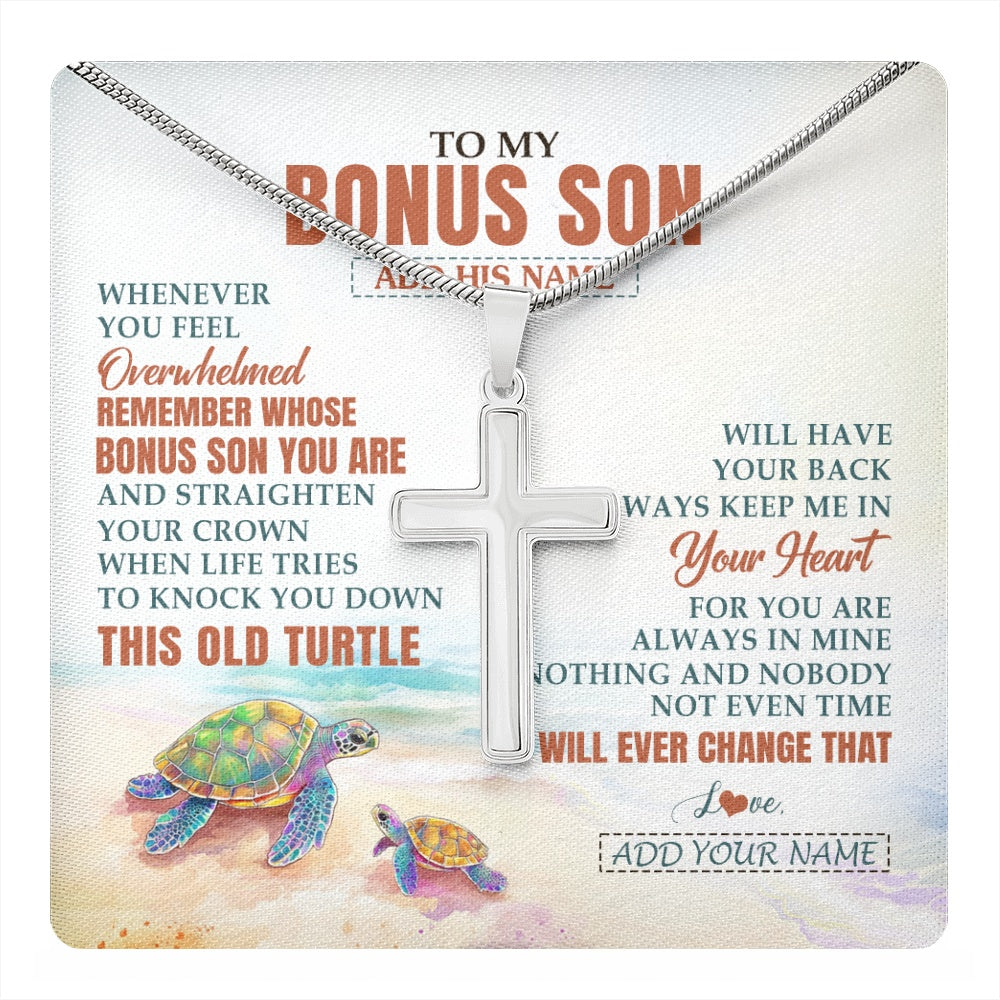 Stainless Cross Necklace Stainless Steel | 1 | Personalized To My Bonus Son Gifts Necklace From Stepmom Stepdad Whenever Turtle Unique Birthday Gifts For Stepson Christmas Custom Gift Box Message Card | https://teecentury.