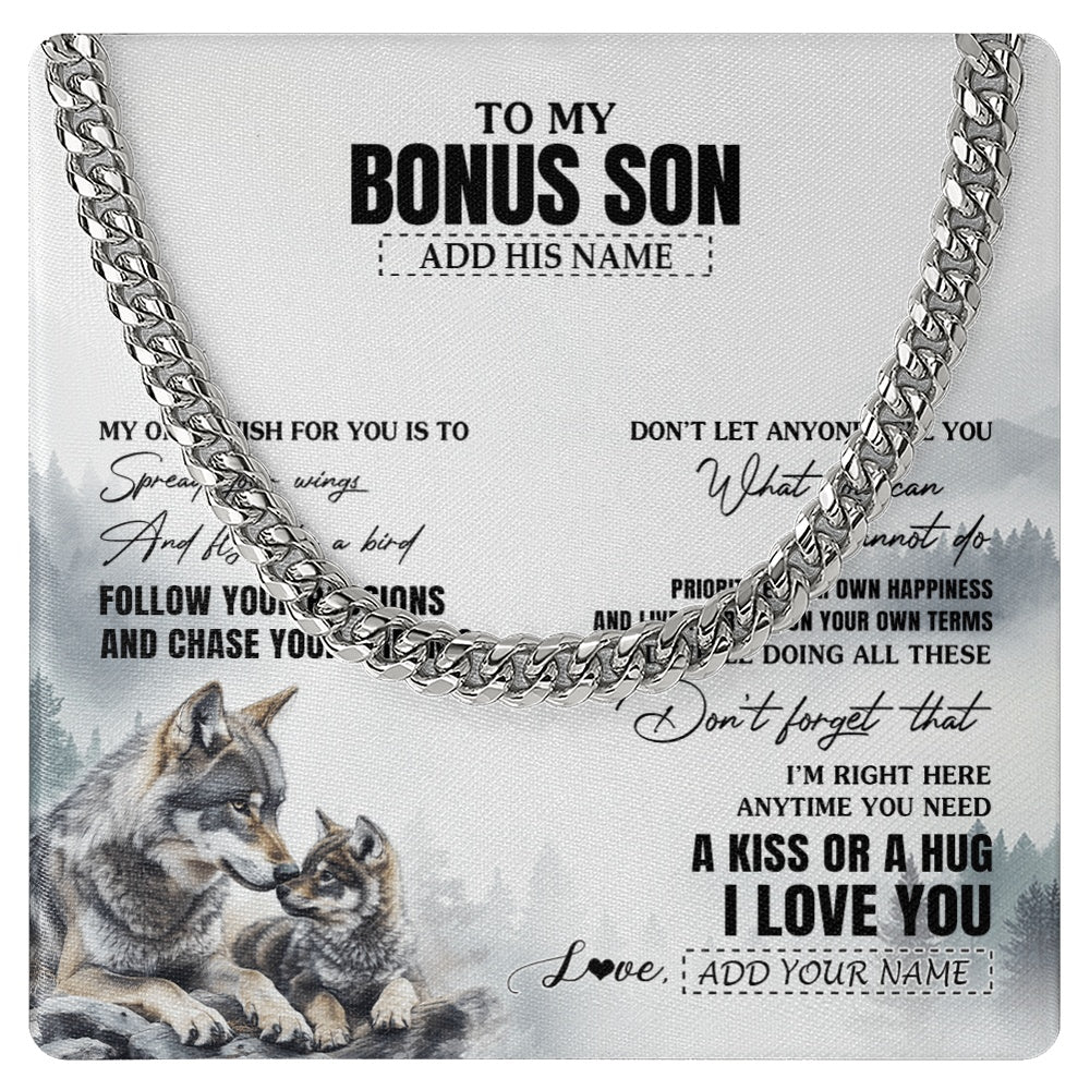 Cuban Link Chain Necklace Stainless Steel | 1 | Personalized To My Bonus Son Gifts Necklace From Stepmom Stepdad Wolf My Only Wish For You Stepson Birthday Gifts Graduation Christmas Gift Box Message Card | https://teecentury.