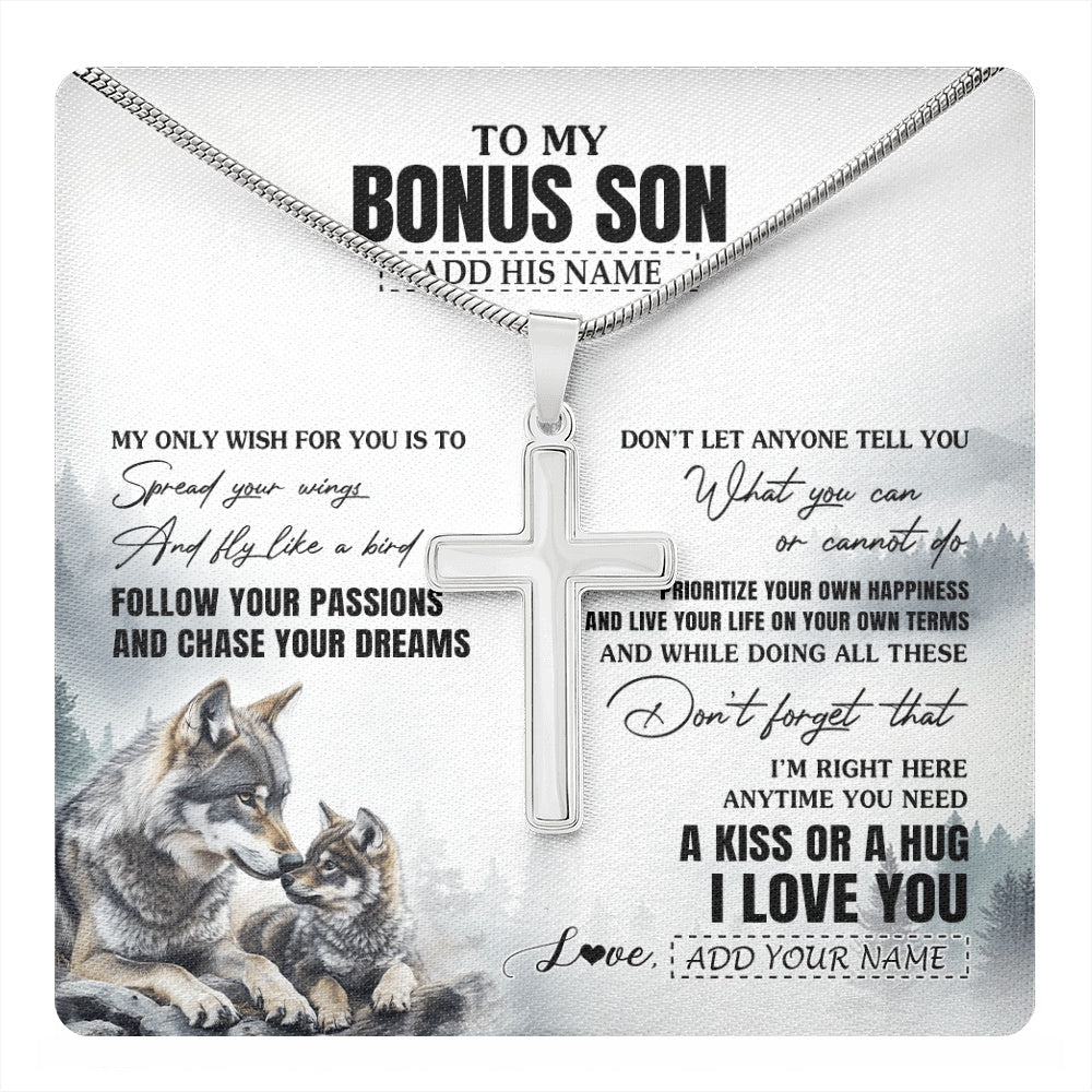Stainless Cross Necklace Stainless Steel | 1 | Personalized To My Bonus Son Gifts Necklace From Stepmom Stepdad Wolf My Only Wish For You Stepson Birthday Gifts Graduation Christmas Gift Box Message Card | https://teecentury.