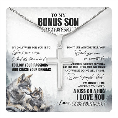 Stainless Cross Necklace Stainless Steel | 1 | Personalized To My Bonus Son Gifts Necklace From Stepmom Stepdad Wolf My Only Wish For You Stepson Birthday Gifts Graduation Christmas Gift Box Message Card | https://teecentury.
