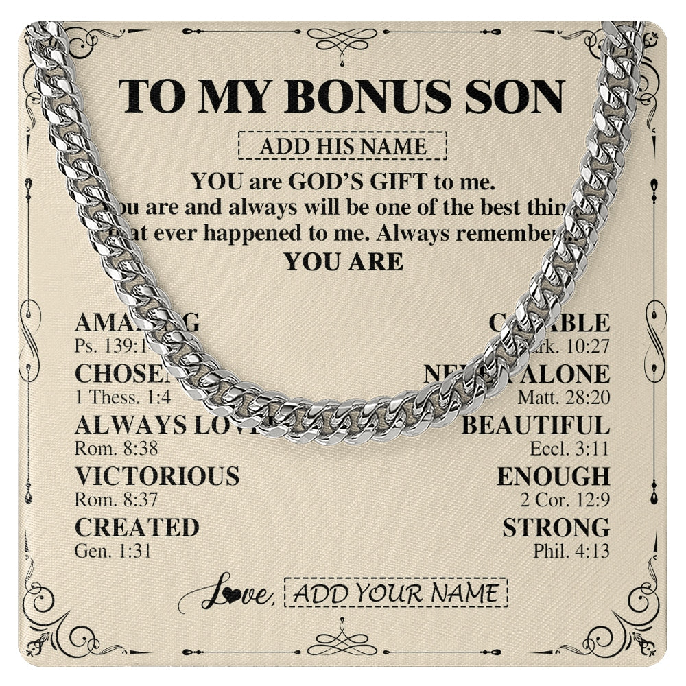 Cuban Link Chain Necklace Stainless Steel | 1 | Personalized To My Bonus Son Gifts Necklace From Stepmom Stepdad You Are God's Gift To Me Stepson Birthday Gifts Christmas Christian Gift Box Message Card | https://teecentury.