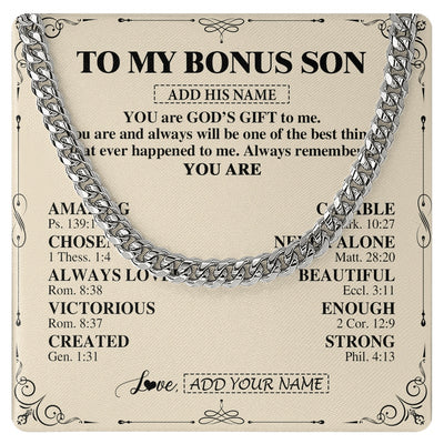 Cuban Link Chain Necklace Stainless Steel | 1 | Personalized To My Bonus Son Gifts Necklace From Stepmom Stepdad You Are God's Gift To Me Stepson Birthday Gifts Christmas Christian Gift Box Message Card | https://teecentury.