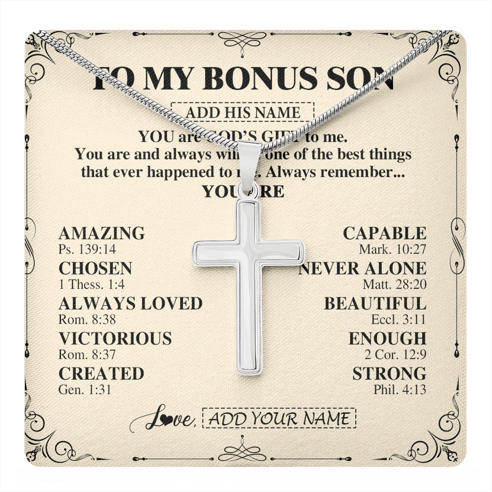 Stainless Cross Necklace Stainless Steel | 1 | Personalized To My Bonus Son Gifts Necklace From Stepmom Stepdad You Are God's Gift To Me Stepson Birthday Gifts Christmas Christian Gift Box Message Card | https://teecentury.