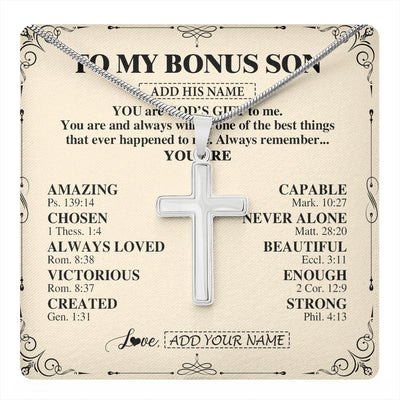 Stainless Cross Necklace Stainless Steel | 1 | Personalized To My Bonus Son Gifts Necklace From Stepmom Stepdad You Are God's Gift To Me Stepson Birthday Gifts Christmas Christian Gift Box Message Card | https://teecentury.