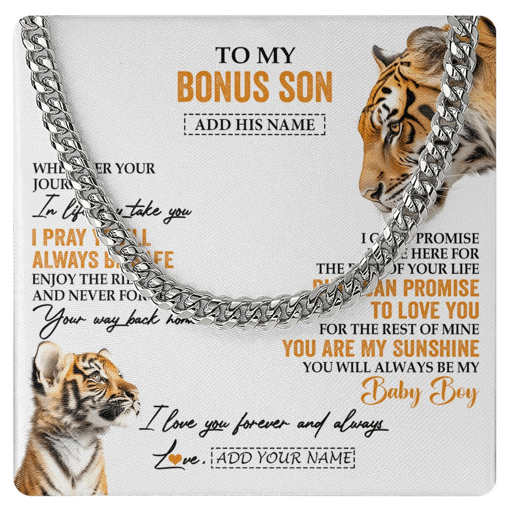 Cuban Link Chain Necklace Stainless Steel | 1 | Personalized To My Bonus Son Gifts Necklace From Stepmom Wherever Your Journey In Life Tiger Stepson Birthday Gifts Graduation Custom Gift Box Message Card | https://teecentury.