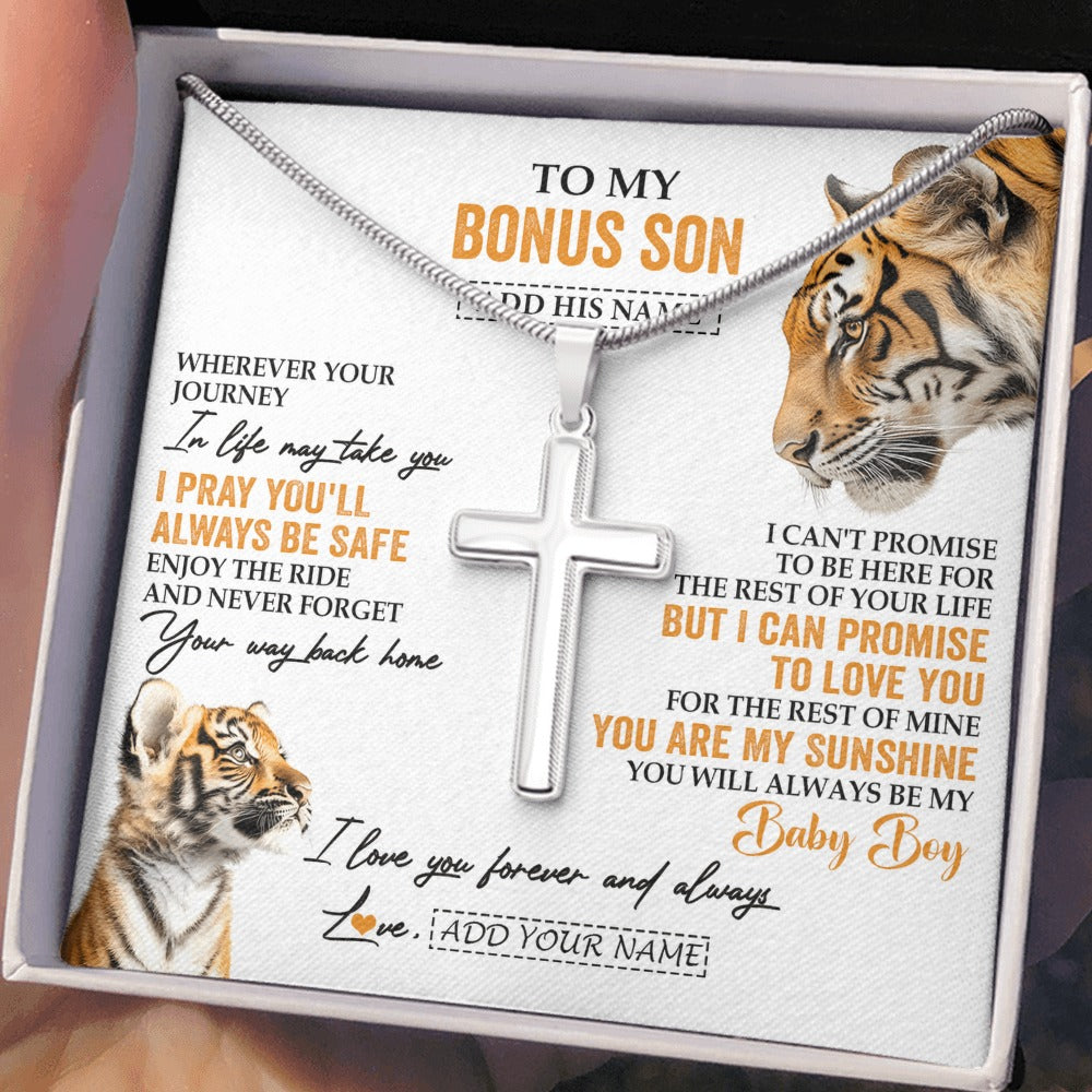 Stainless Cross Necklace Stainless Steel | 2 | Personalized To My Bonus Son Gifts Necklace From Stepmom Wherever Your Journey In Life Tiger Stepson Birthday Gifts Graduation Custom Gift Box Message Card | https://teecentury.