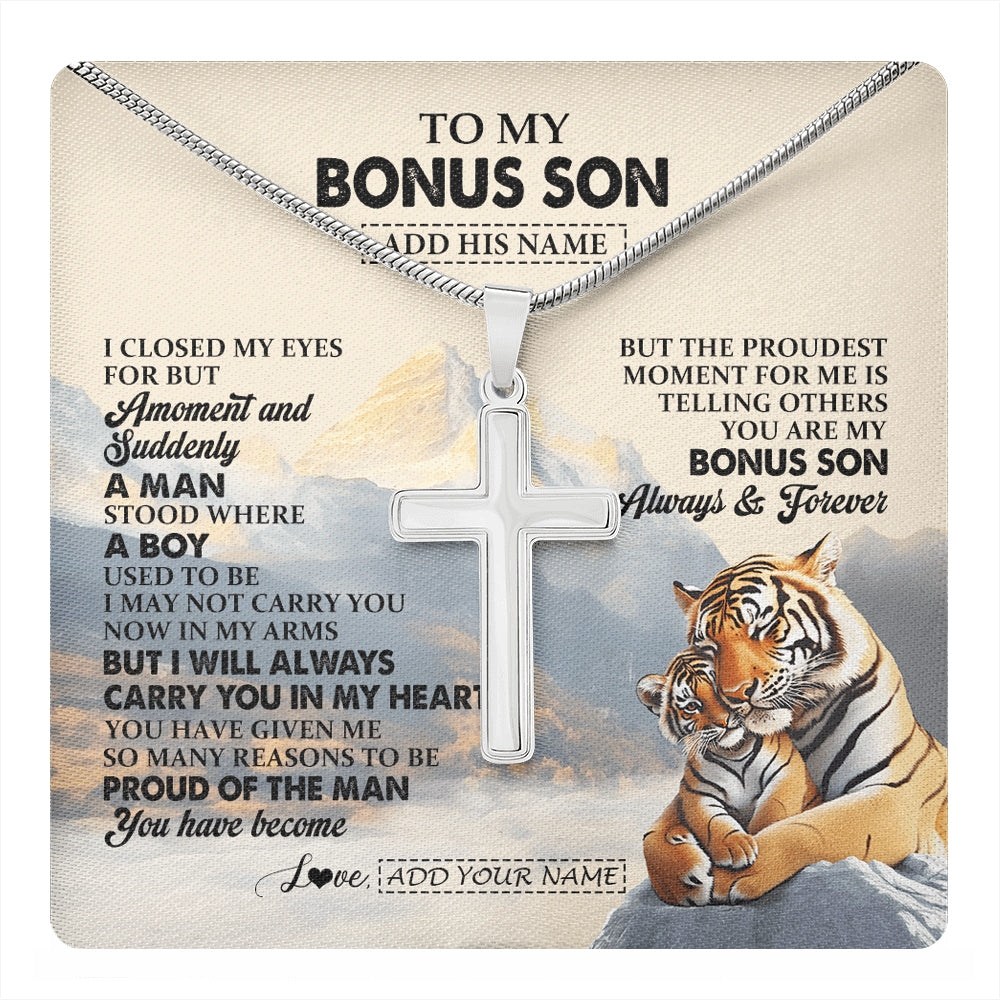 Stainless Cross Necklace Stainless Steel | 1 | Personalized To My Bonus Son Gifts Necklace Tiger From Stepmother Stepdad You Are My Stepson Birthday Gifts Graduation Christmas Custom Gift Box Message Card | https://teecentury.